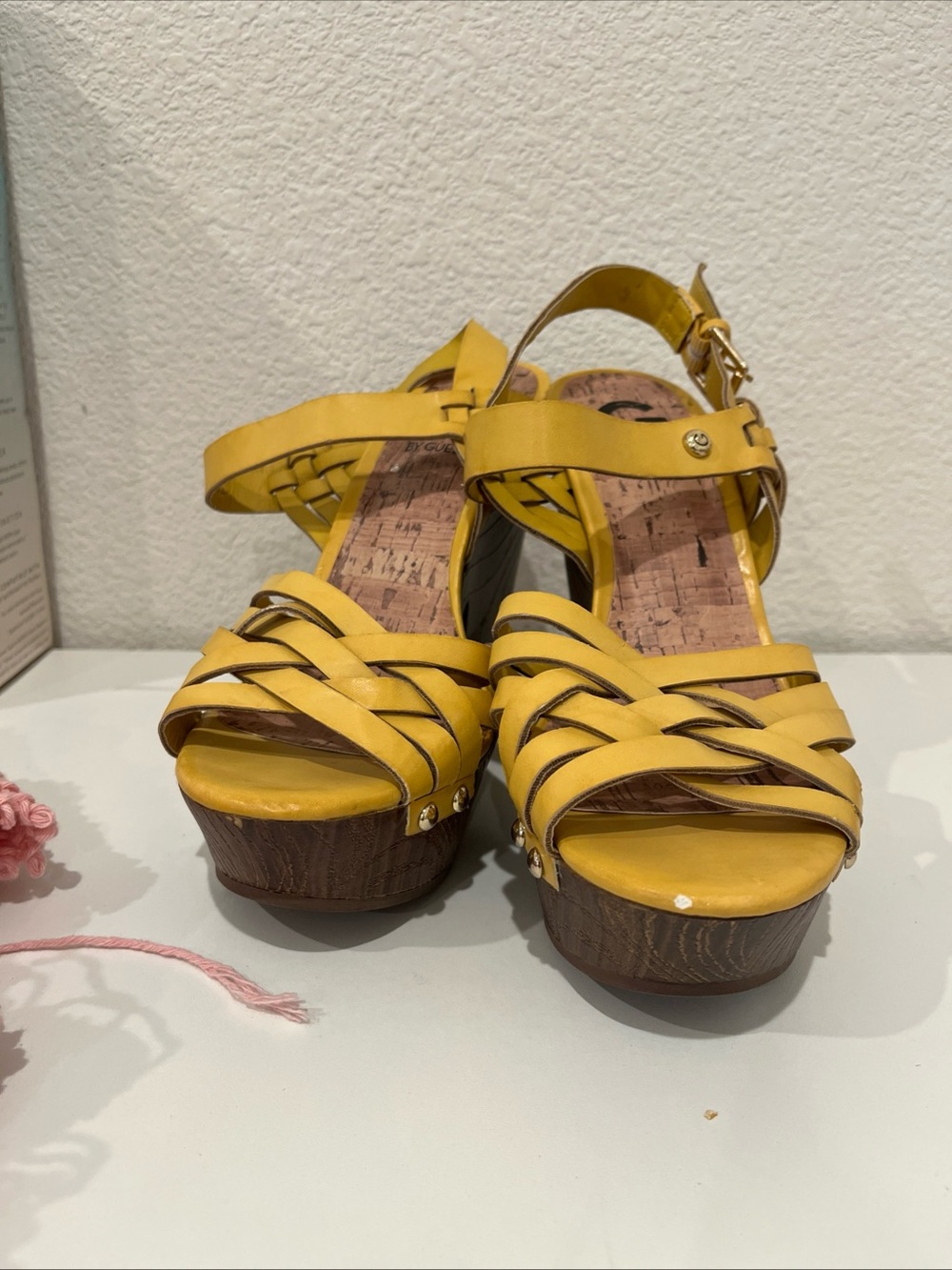 Guess Yellow Braided Platform Wedge Sandals